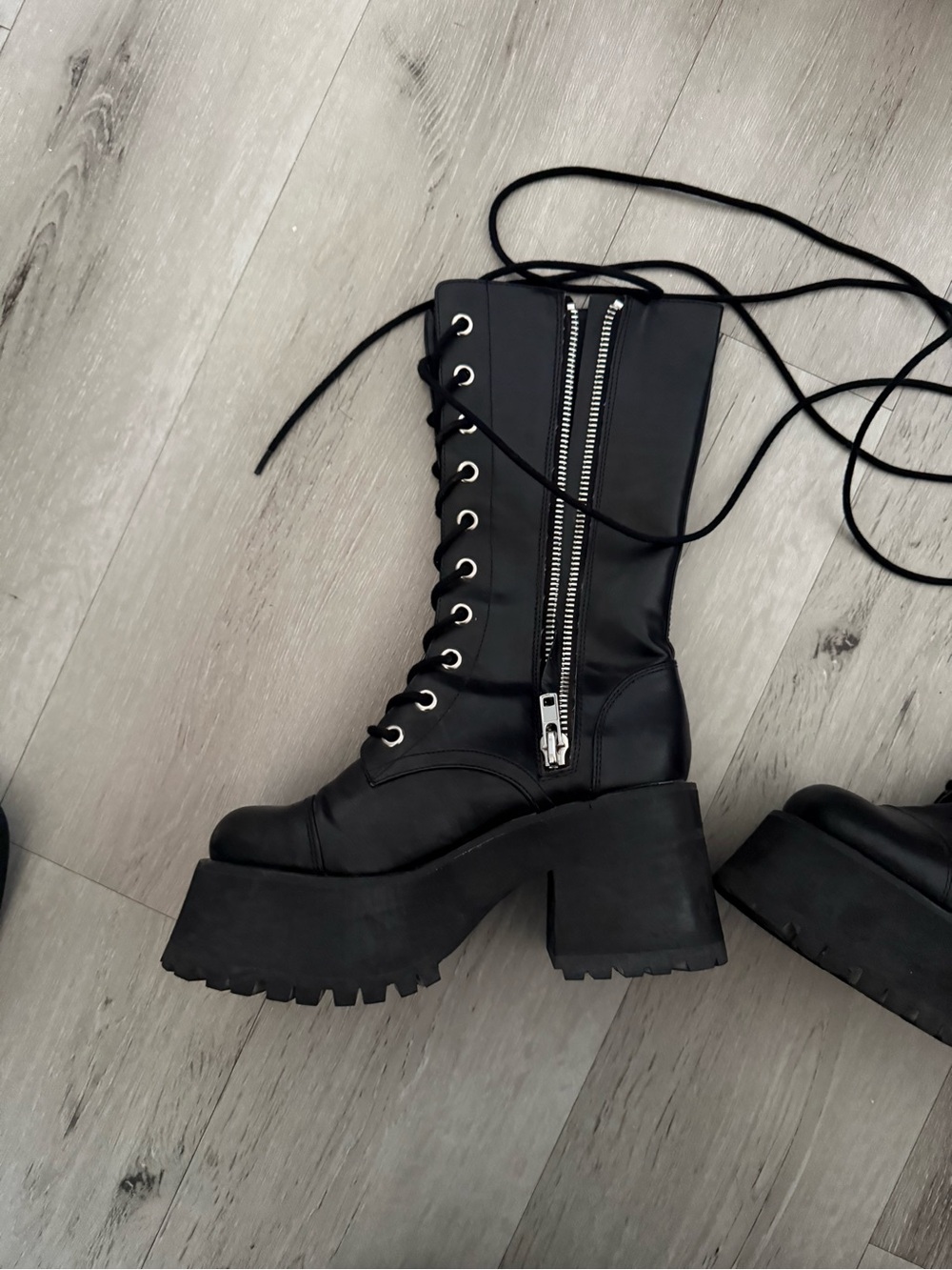 Black Platform Lace-Up Combat Boots with Side Zip